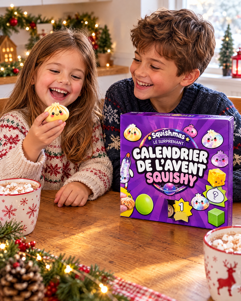 Frère et sœur avec le calendrier Squishmas
