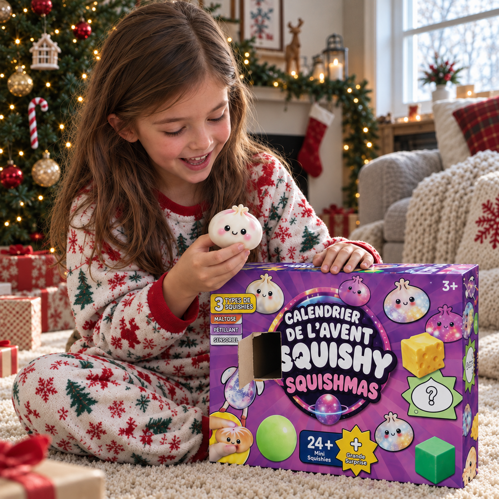 Fillette qui ouvre une case du calendrier de l'Avent Squishy Squishmas