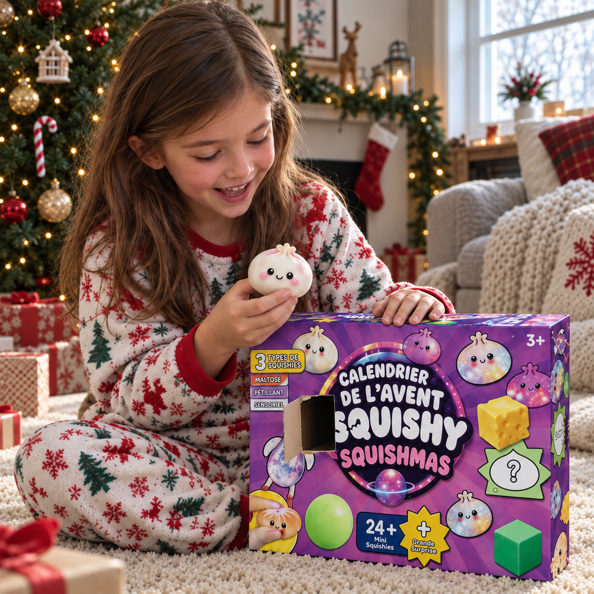 Fillette qui ouvre une case du calendrier de l'Avent Squishy Squishmas