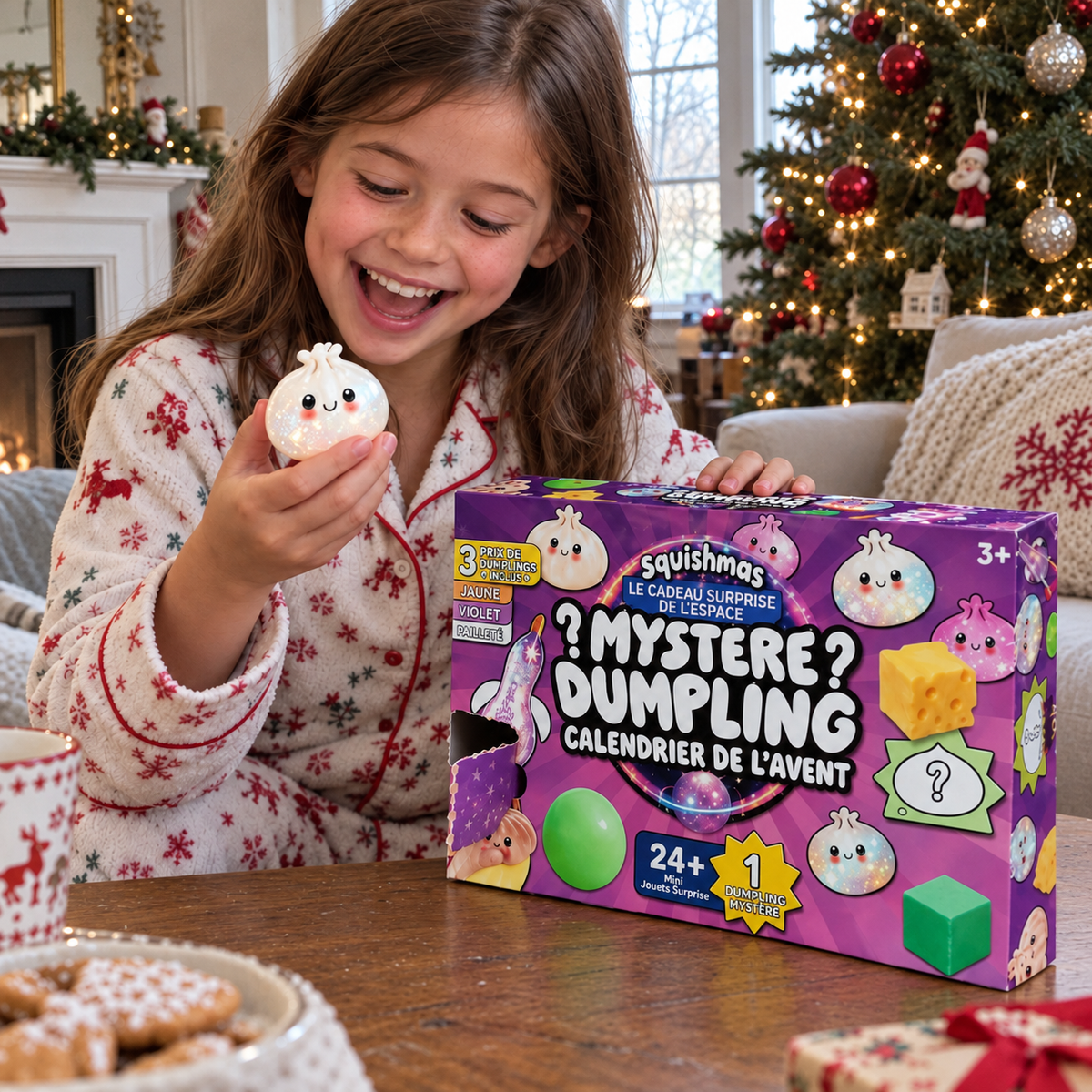 Fillette qui tient un squishy dumpling kawaii, calendrier Squishmas sur la table