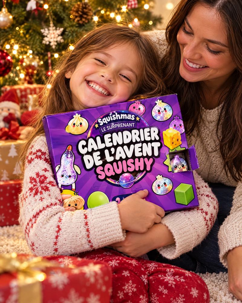 Fillette qui serre son calendrier sous le sapin